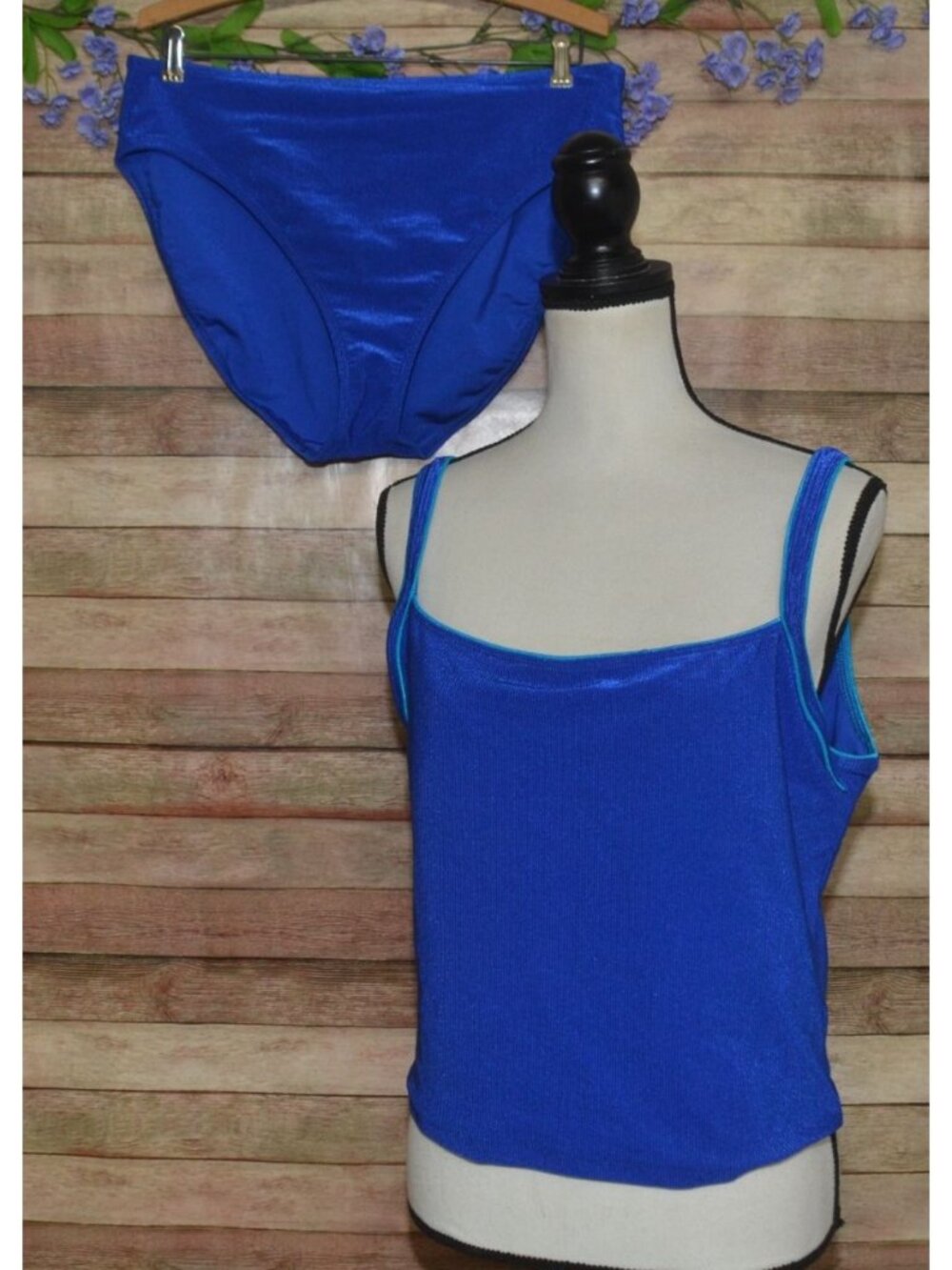 Vtg 90s Cole of California Ribbed Tankini Swimsuit Cobalt Blue Size 18 Made USA